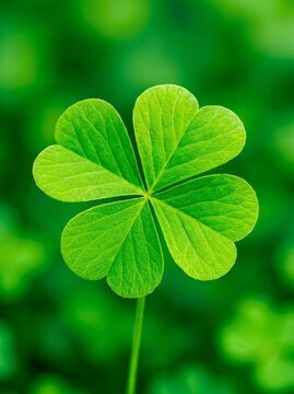 Four Leaf Clover Close Up on Green Background, Lucky Shamrock Symbol
