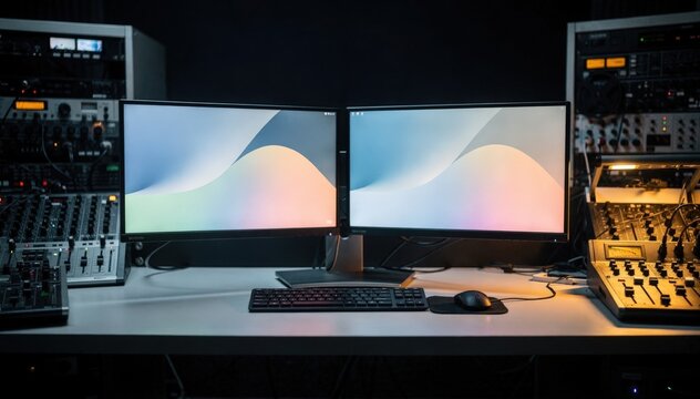Medium shot of a Bluray mastering bay showcasing dual monitors with a focused menu interface while background equipment softly blurs in creative studio lighting.