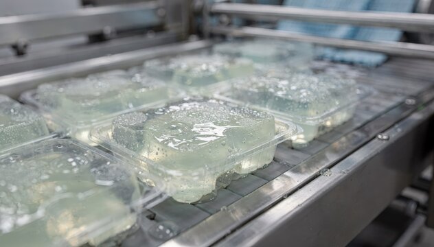 Closeup of gel block odor neutralizers being packaged on conveyor belt showcasing product preparation for use in building odor management.