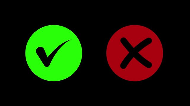 Animated pop-up green check mark and red cross X symbol on a transparent background. A check mark in and out motion graphics animation. Video footage of yes or no, true or false with alpha channel