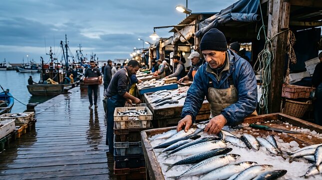 Authentic seaside fish market scene with a vendor meticulously arranging fresh catches on ice at dawn, capturing the vibrant early morning commerce at the harbor
