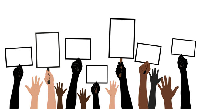 Diverse hands holding up signs high.