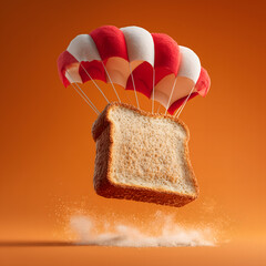 Slice of bread descending under a red and white parachute surrealism disguise