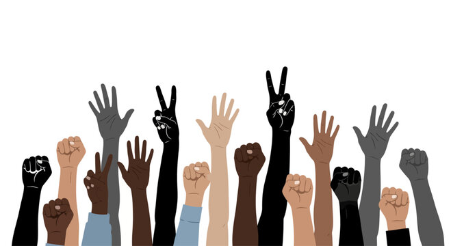 Diverse hands raised in solidarity together.