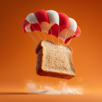 Slice of bread descending under a red and white parachute surrealism disguise