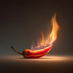Keuken achterwand Hete pepers A red chili pepper is engulfed in vibrant flames against a muted background  © Kufareesah