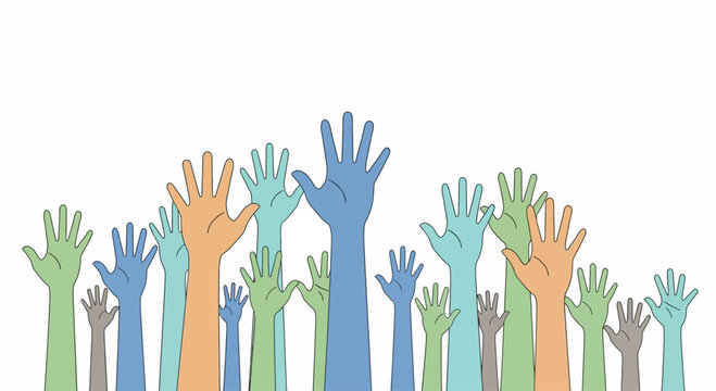Diverse hands raised in unity.