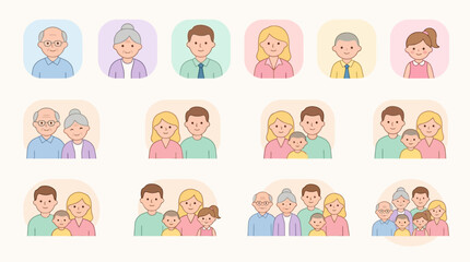 Obraz premium Set of flat family icons in soft pastel colors featuring diverse generations including grandparents parents and children in various group compositions.