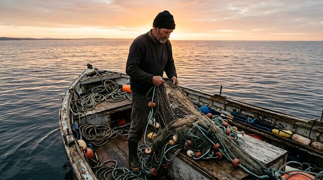 A fisherman in his boat preparing his fishing net at sunrise on the water