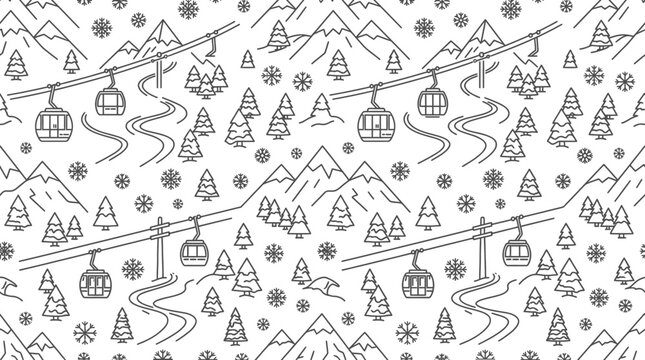 Seamless line art pattern of peaceful winter mountain landscape with ski lifts and winding trails on a white background.