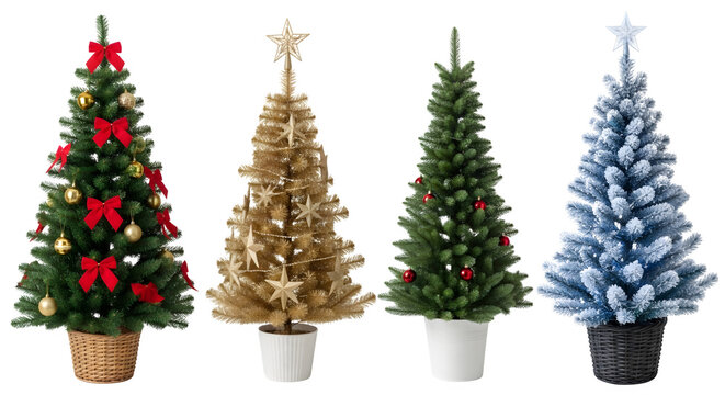 Four miniature decorated Christmas trees on transparent background in pots