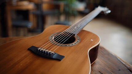 Obraz premium A detailed close up of an acoustic guitar resting on a rustic wooden surface in a softly lit indoor environment