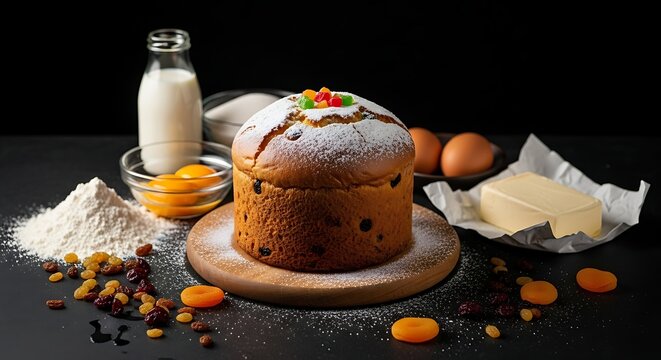 Delicious easter bread on wooden board with ingredients black background