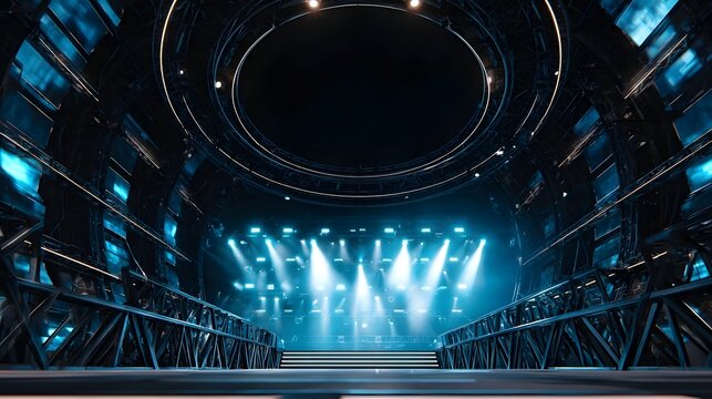 Dramatic wide shot of a modern empty indoor venue bathed in deep blue and cyan spotlights emphasizing a massive stage setup