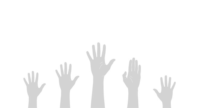 Many hands raised up together high.
