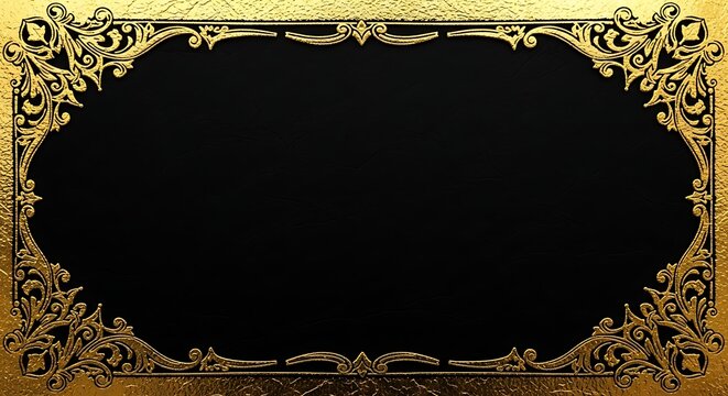 Ornate vintage gold frame with floral baroque ornaments and golden leaf patterns on a dark grunge background for a retro wedding invitation card design illustration