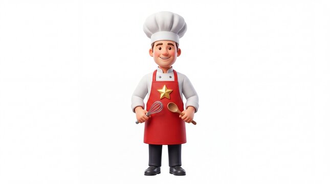 A 3d rendered cartoon character of a professional chef wearing a white hat and a red apron uniform
