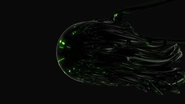 Abstract 3D-style glossy black fluid form with neon green reflections flowing and morphing on a dark background, futuristic motion design for tech and sci-fi visuals