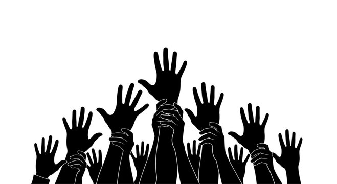 Many raised hands with cuffs.