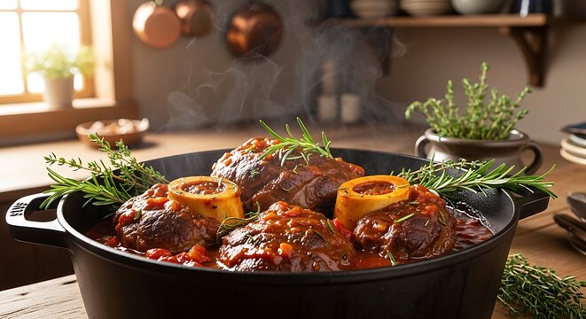 Slow cooked osso buco in a cast iron pot with fresh rosemary and rich tomato sauce. veal osso bucco