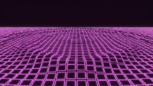 Abstract digital motion graphic featuring a vibrant pink neon grid with shifting geometric square patterns and a seamless loop for futuristic technology backgrounds and 4K media projects.
