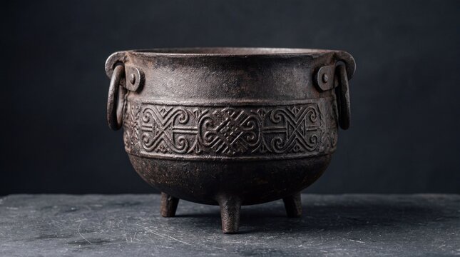 A traditional antique chinese bronze ding vessel featuring intricate relief carvings and tripod feet