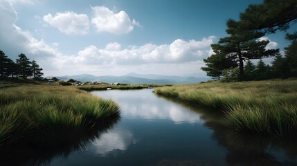 Obraz premium Lush green grasses frame a tranquil wetland inlet reflecting a vast cloudy blue sky and distant hills