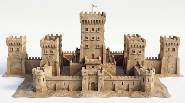 A detailed stone medieval castle featuring a tall central keep and four massive corner towers