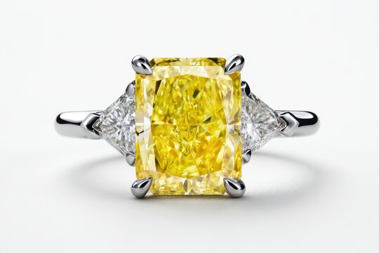 Elegant radiant cut yellow diamond engagement ring with trillion cut side stones, luxury jewelry.