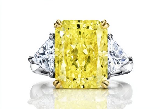 Exquisite radiant cut yellow diamond ring with trillion cut side stones on white background
