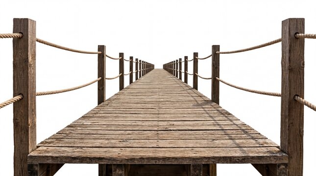 A long rustic wooden bridge featuring vertical support posts and thick rope railings for safety