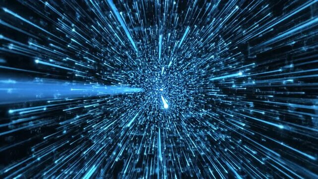 Futuristic abstract digital visualization featuring glowing blue data streams and luminous motion lines traversing a dark cyber background representing high speed bandwidth and network flow.