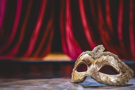 An ornate golden Venetian masquerade mask rests on a wooden surface before a dramatic red velvet curtain backdrop.