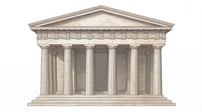 An architectural illustration of a classical greek temple featuring tall columns and pediment