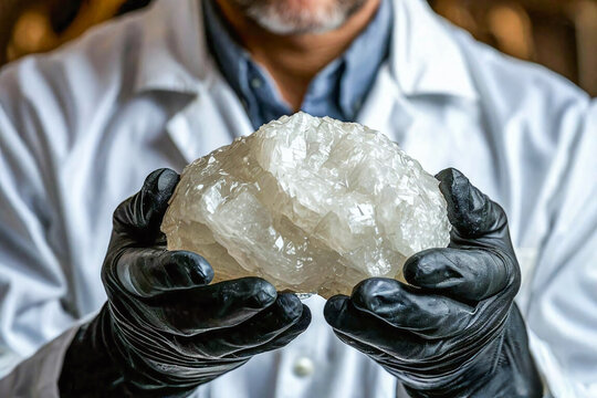 Large chrysolite sample held by hands in black gloves. White coat and professional setting highlight the scientific value of the mineral.