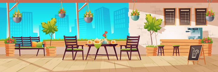 Fototapeta premium Summer terrace, outdoor city cafe, coffeehouse with wooden table, chairs and potted plants, chalkboard menu on cityscape view background. Street drinks or snacks cafeteria, Cartoon vector illustration
