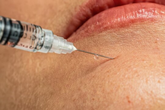 Close-up macro shot of a fine needle injecting a clear liquid into human skin near the lips.