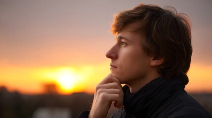 Fototapeta premium A thoughtful profile portrait of a person resting their chin on their hand against a dramatic sunset