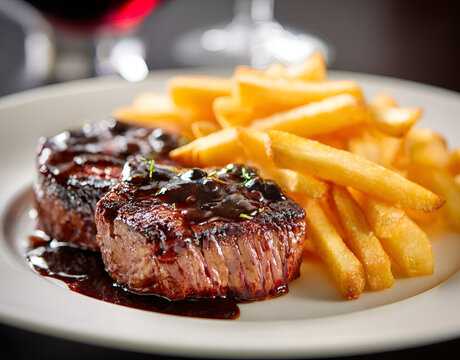 A close-up shot of a plate with two seared cuts of meat topped with sauce, alongside a generous serving of crispy fries