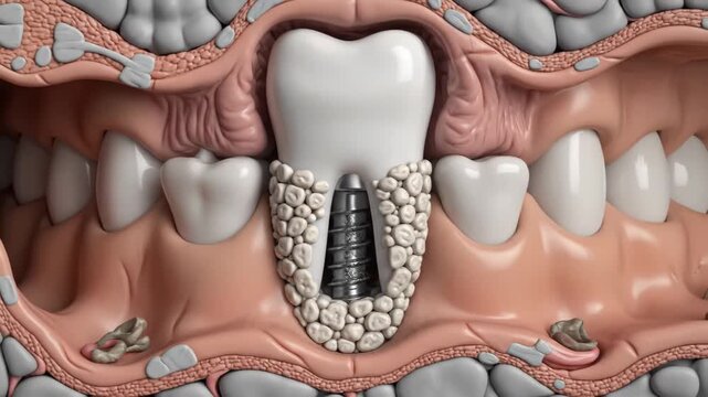Detailed 3D animation of a dental implant process, including screw insertion, bone growth, and tooth crown.