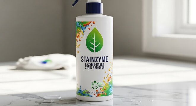 Bottle of Stainzyme Enzyme Based Stain Remover for Household Cleaning.