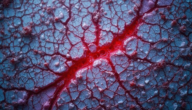 Intricate Red and Blue Network Pattern - Biological Structure or Abstract Design