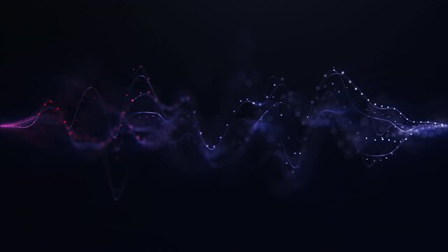Abstract sound wave with glowing particles and light dots on dark background. Audio signal style 4K 60fps loop with smooth frequency motion, digital rhythm and data flow.