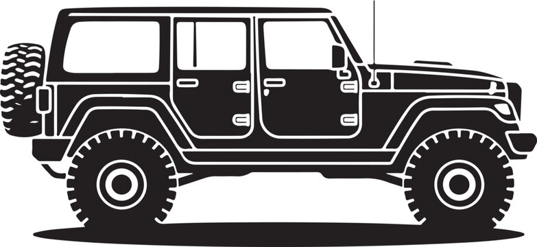 Off road vehicle silhouette showing side view of modern four door suv with oversized tires and spare wheel for extreme expedition.