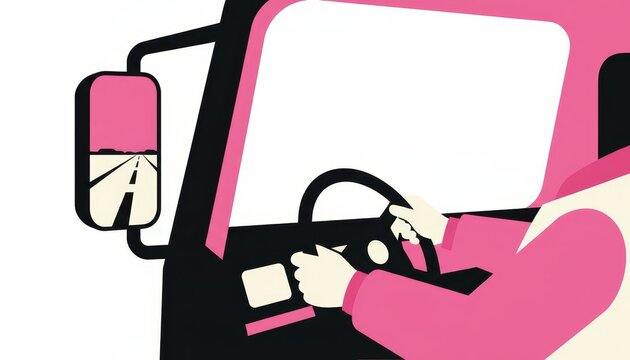 Illustration of a driver in a truck cabin looking at the road in the side mirror
