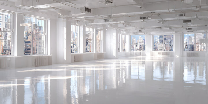 Large, bright, and airy interior, a polished white floor reflects natural light from large windows. The windows frame a city skyline