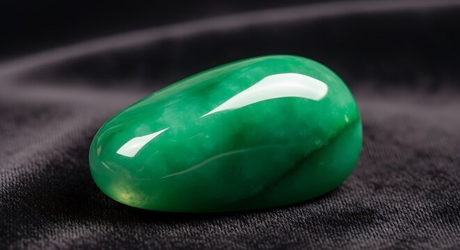 A single polished green jade gemstone on black fabric.