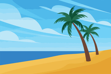 Obraz premium Tropical beach landscape with palm trees on sand dunes near ocean under blue sky with white clouds in flat vector illustration.