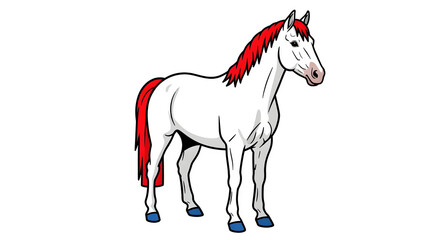 Obraz premium An illustration of a white horse with red mane and blue hooves against a transparent background