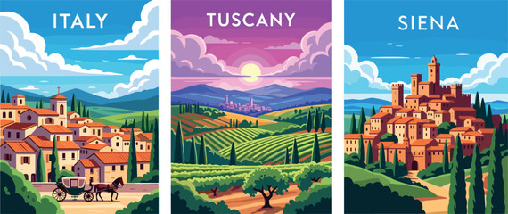 Obraz premium Illustration of Tuscany landscape travel posters Italy Siena